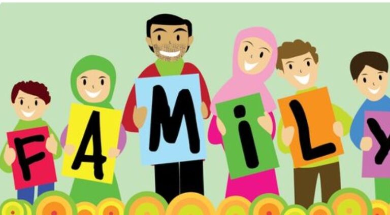 Diverse group of six people holding colorful letter signs spelling 'FAMILY' together, standing in a row.